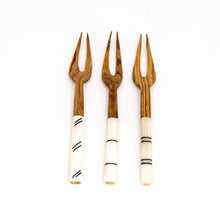 Load image into Gallery viewer, Set of Three Olive Wood Appetizer Forks (Black on White Etching)