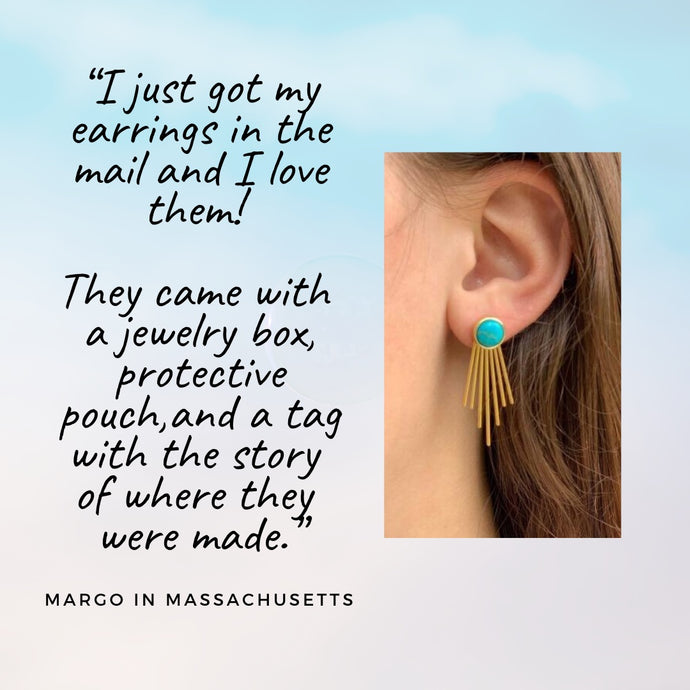 Gold and Turquoise Sunburst Stud Dangle Earrings by Starfish Project: "I just got my earrings in the mail and I love them! They came with a jewelry box, protective pouch, and a tag with the story of where they were made." -Margo in Massachusetts