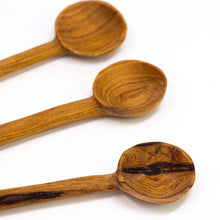 Load image into Gallery viewer, Set of Three Olive Wood Appetizer Spoons (Black on White Etching)
