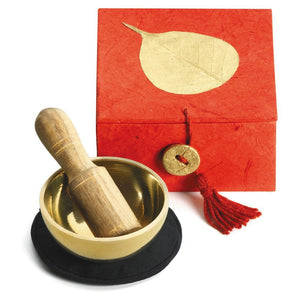 Mini-Meditation Singing Bowl with Handmade Gift Box (Red with Golden Bodhi Leaf