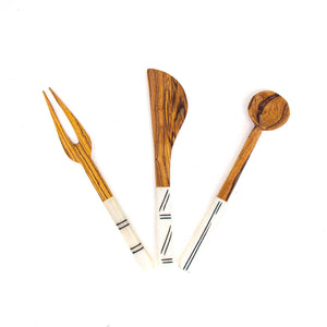 Set of Olive Wood Appetizer Fork, Spoon, and Spreader (Black on White Etching)