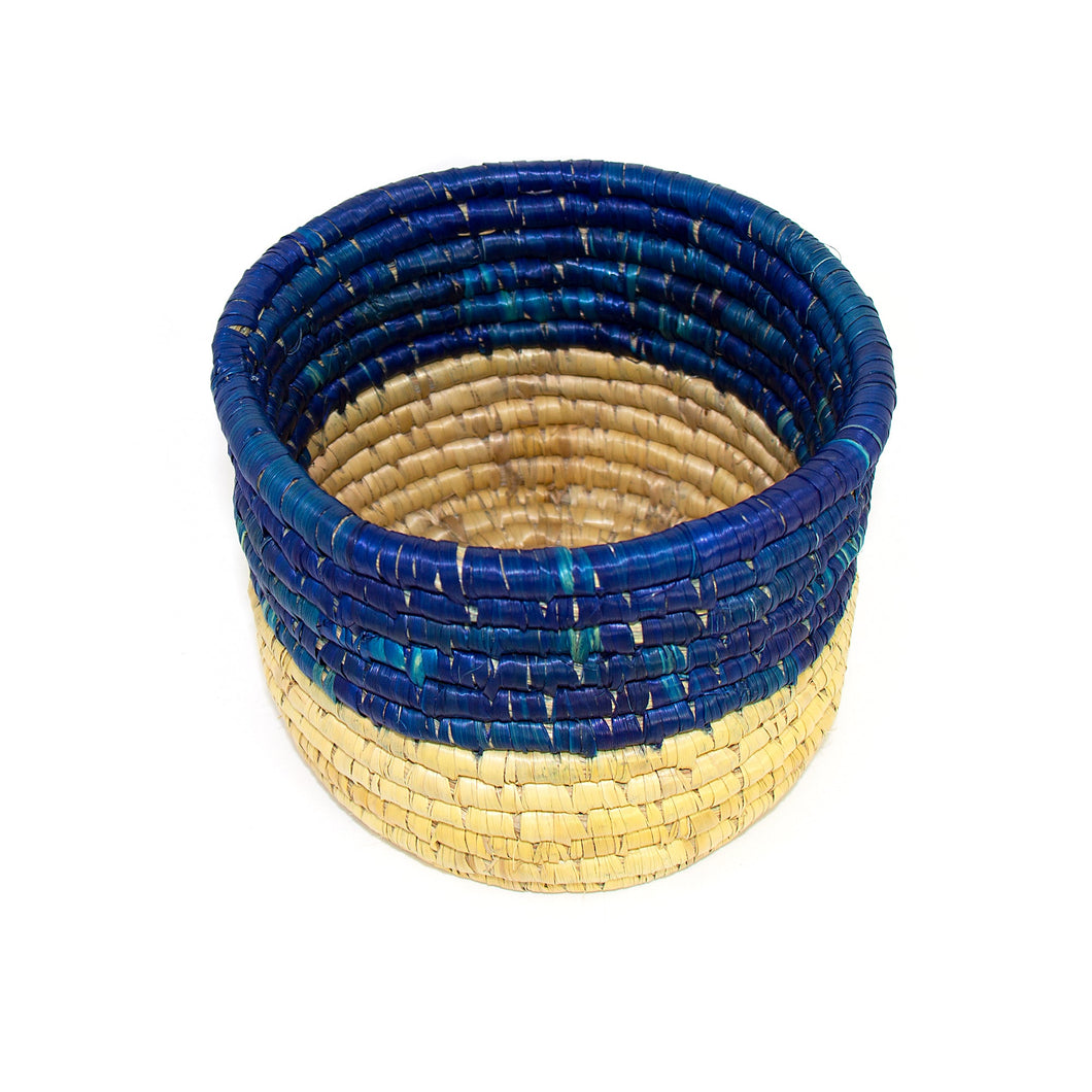 Woven Grass Basket (Natural with Ocean Blue Trim)
