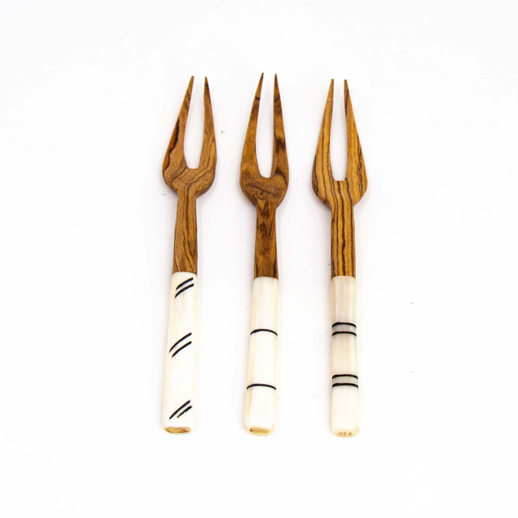 Set of Three Olive Wood Appetizer Forks (Black on White Etching)