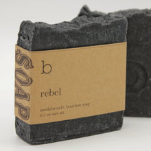 Load image into Gallery viewer, Sandalwood + Bourbon Scented Charcoal Soap Bar with Pumice
